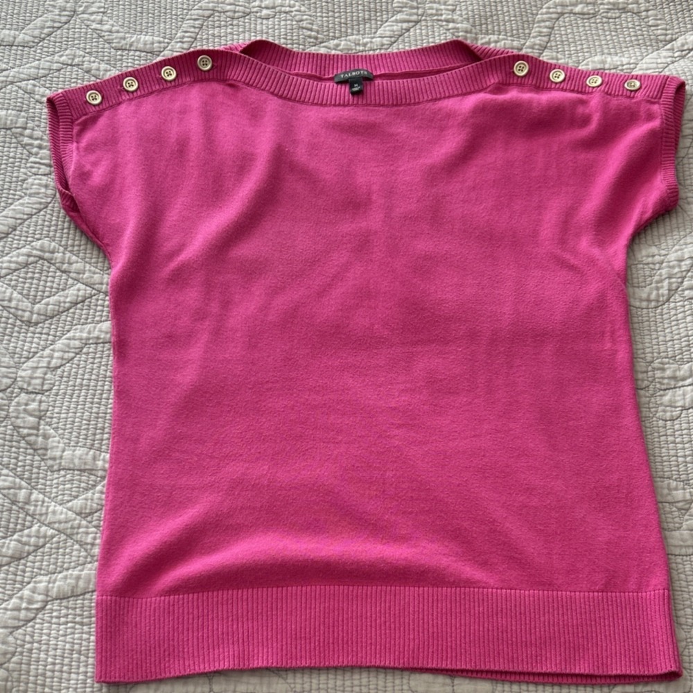 Talbots Knit Pullover Sweater Button Shoulder Pink Solid Women's Medium